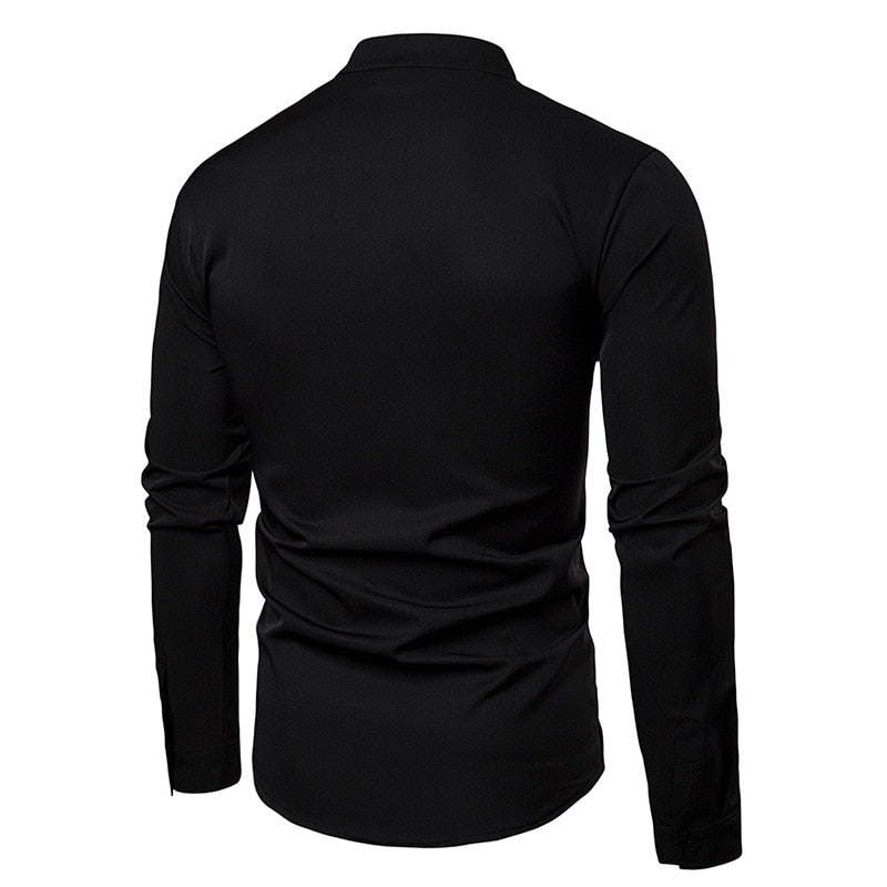 Casual Mandarin Collar with Yellow Stroke Embroidery Men Shirt - FanFreakz