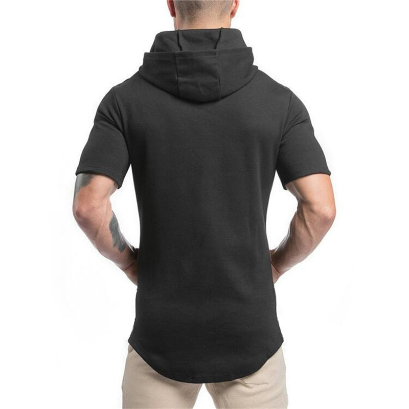 Men Short Sleeve Gym Style Hoodie T-Shirt