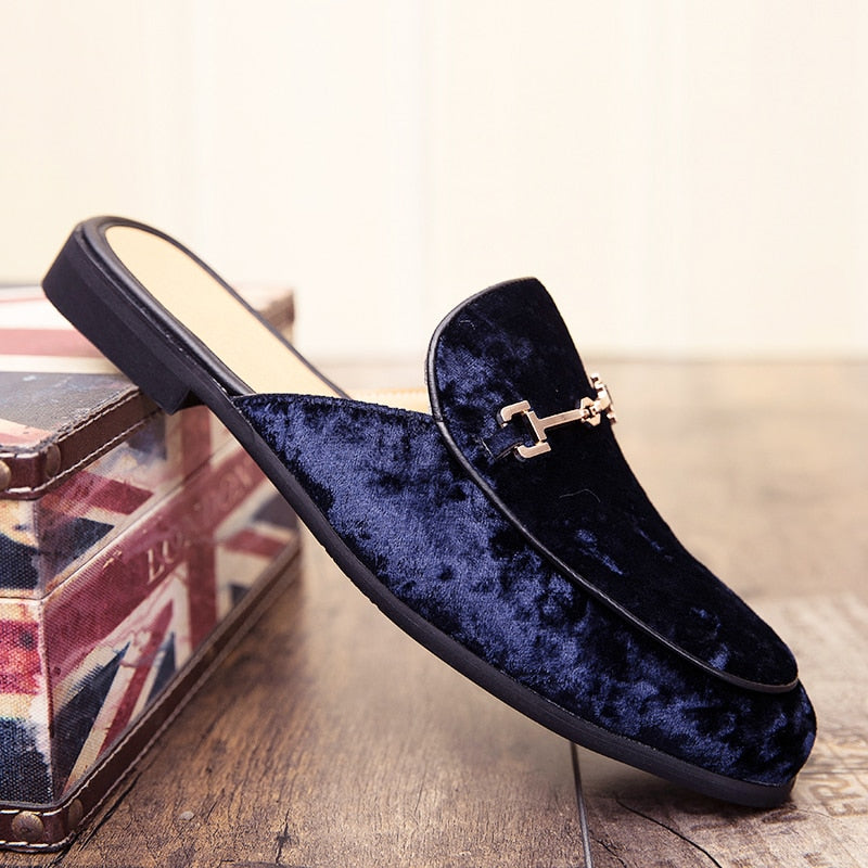 Metal Accent Velvet Men Classic Open Loafers