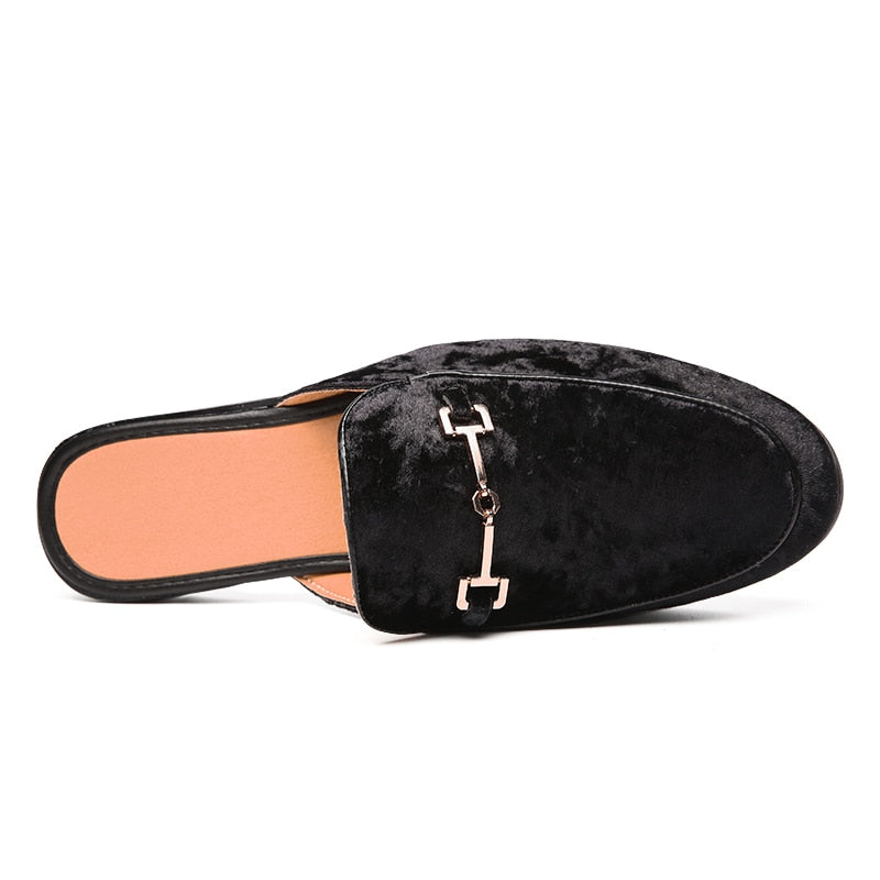Metal Accent Velvet Men Classic Open Loafers