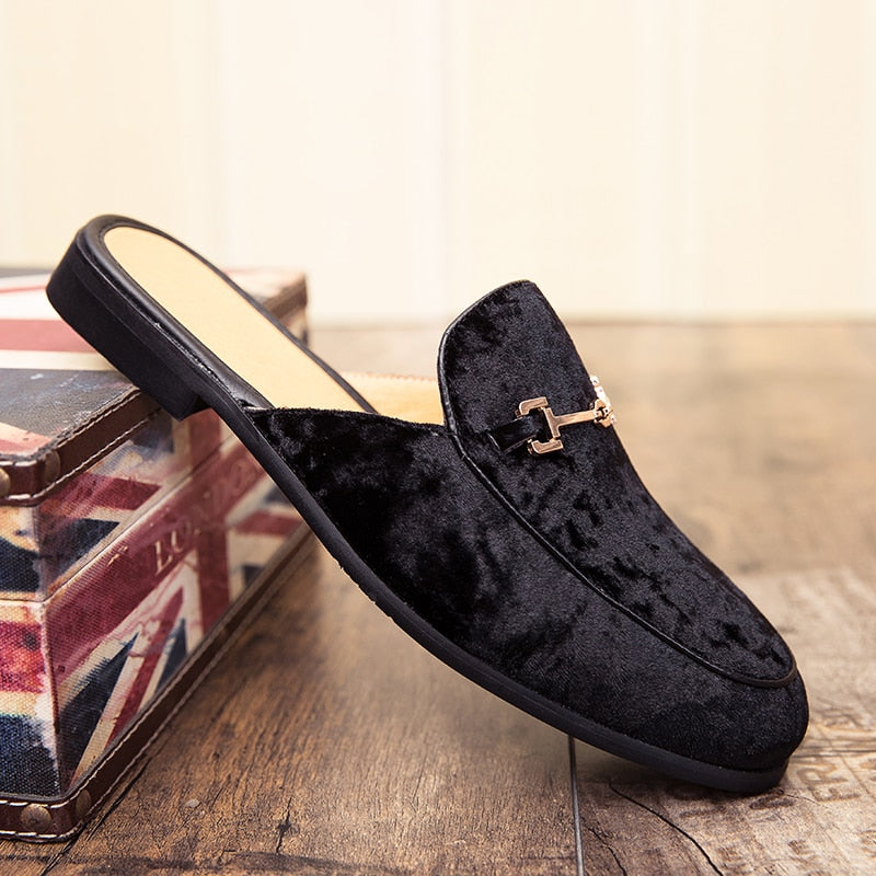Metal Accent Velvet Men Classic Open Loafers