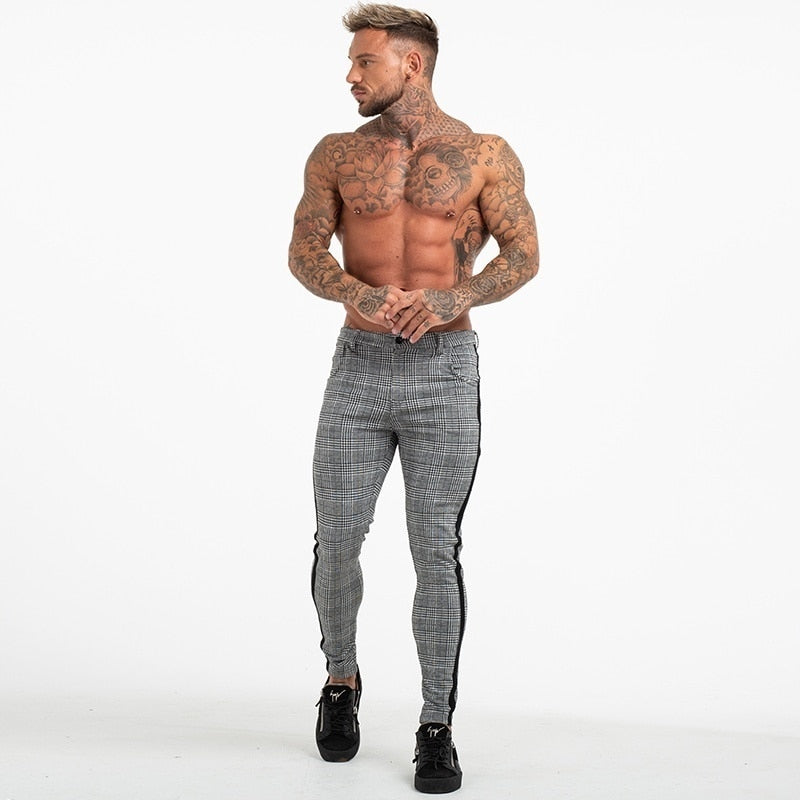 Grey Plaid Side Stripe Slim Fit Skinny Style Men Pants