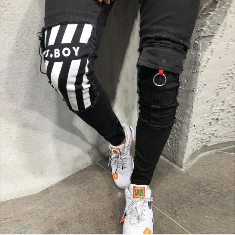 Black with Knee Pocket and Stripe Print Stretch Slim Fit Style Men Jeans - FanFreakz