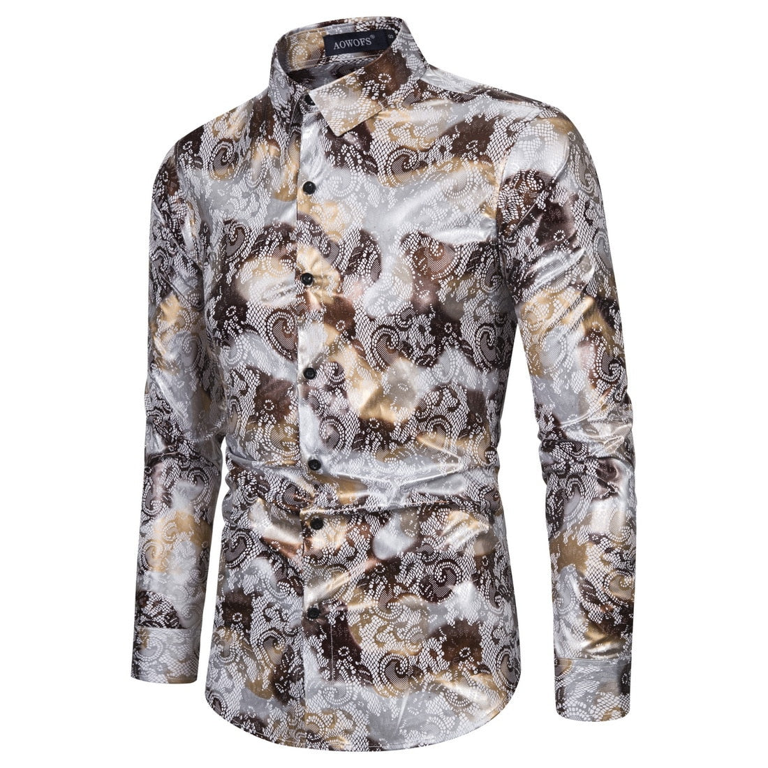 White Shining Gold Waves Printed Long Sleeve Shirt
