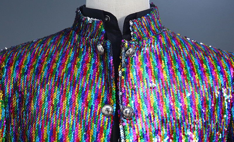 Rainbow Color Sequin Single Breasted Stand Collar Style Men Blazer