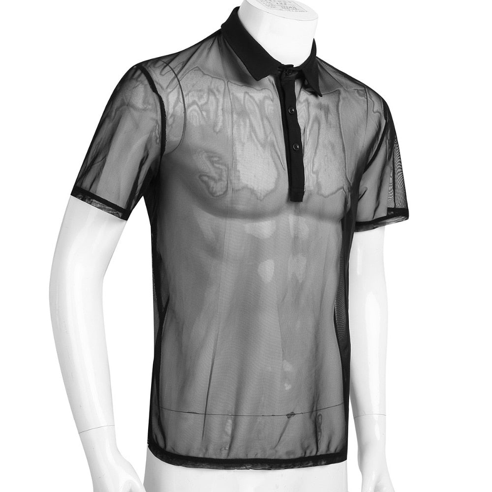 Sexy Thin See Through Summer Short Sleeves Turn Down Collar Style Men Polo Shirt