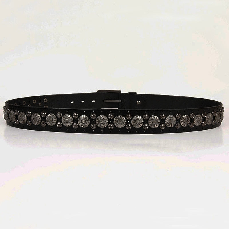 Floral Geometric Metal Studded Leather Belt