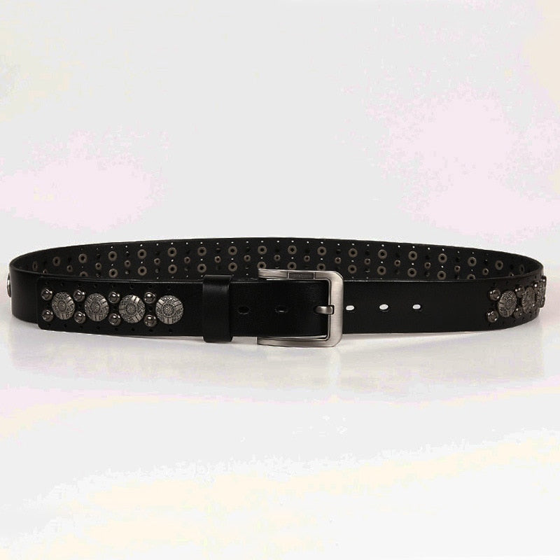 Floral Geometric Metal Studded Leather Belt