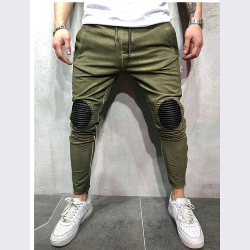 Oval Patched Knee Streetwear Men Drawstring Pants