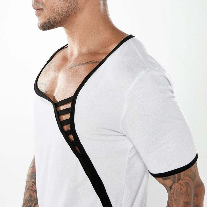 Low Neck Splice Net Summer Style Men T-Shirt