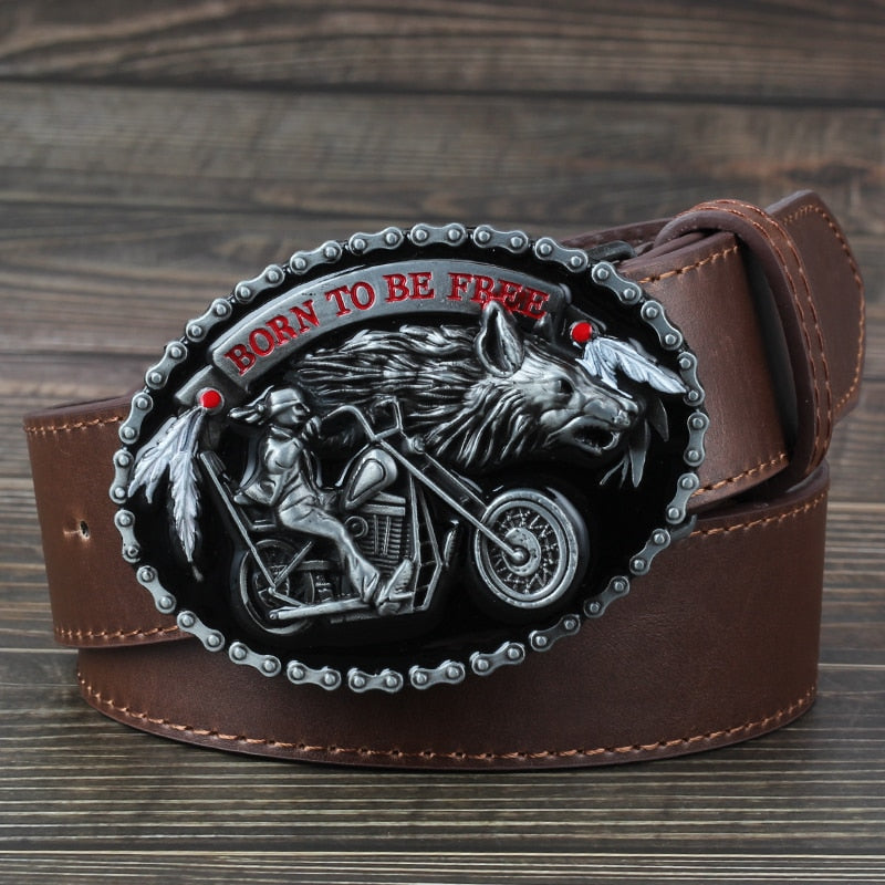Biker and Wolf Buckle Faux Leather Belt