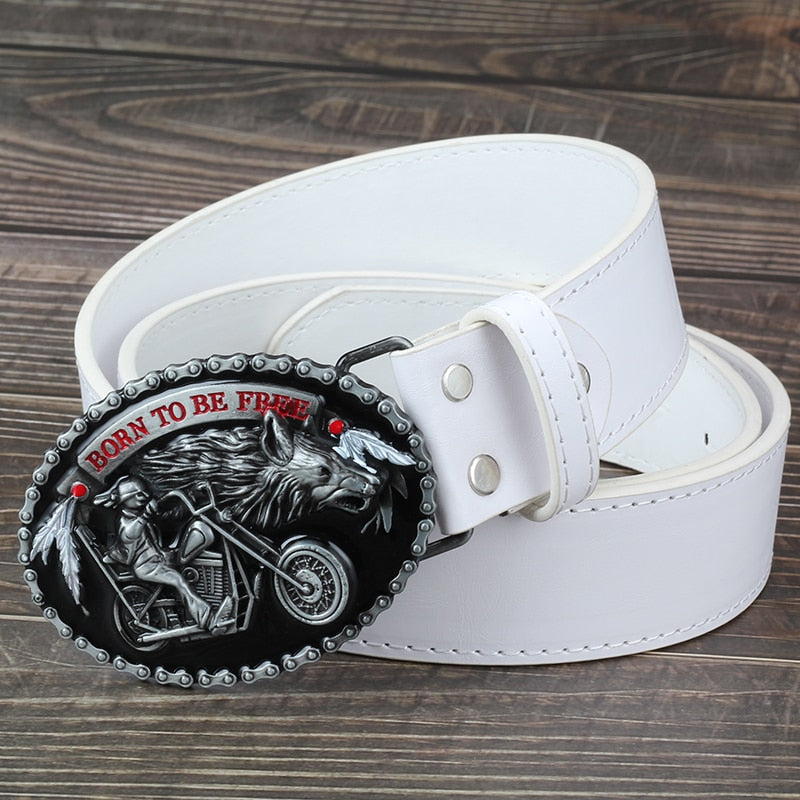 Biker and Wolf Buckle Faux Leather Belt