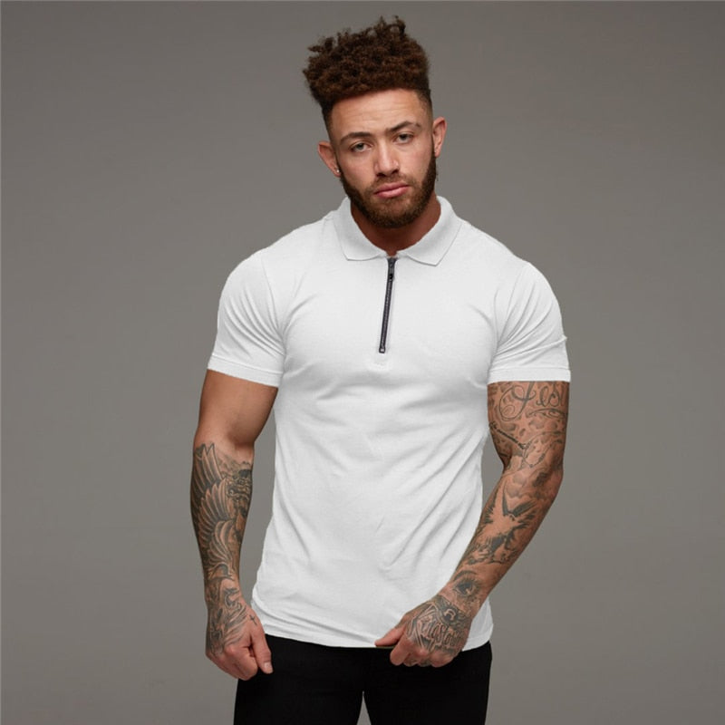 Zippered Collar Solid Color Men Polo Shirt