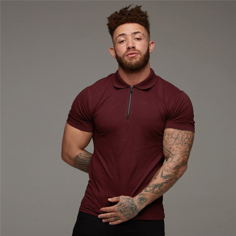Zippered Collar Solid Color Men Polo Shirt