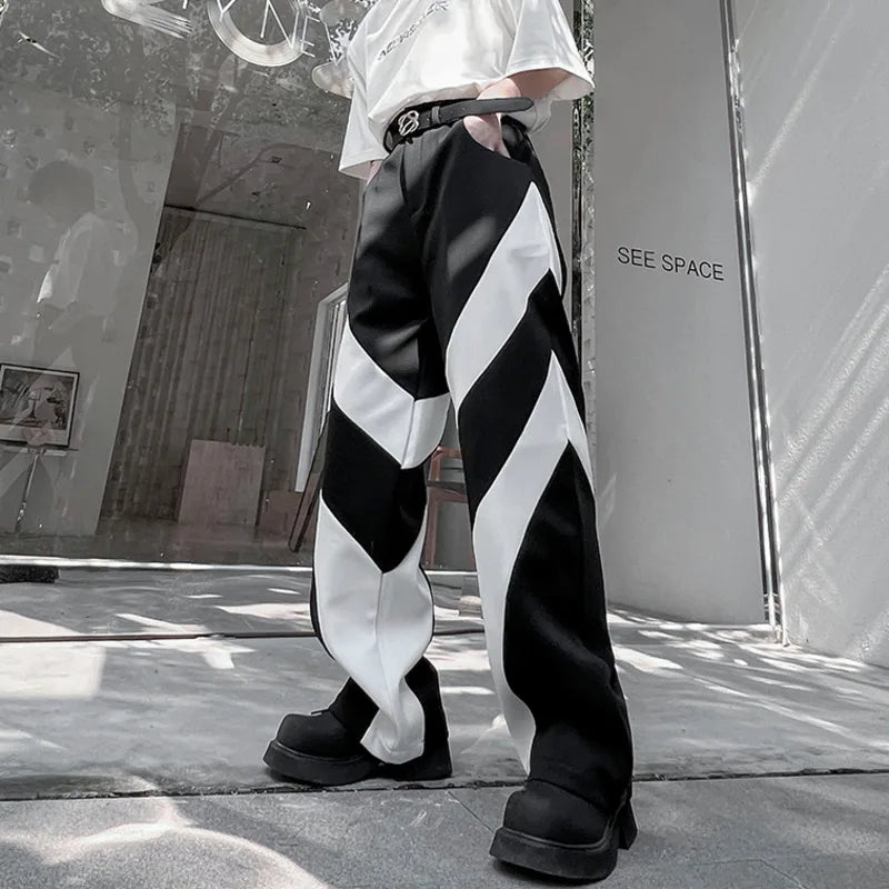 Black White Patchwork Contrast Casual Pants