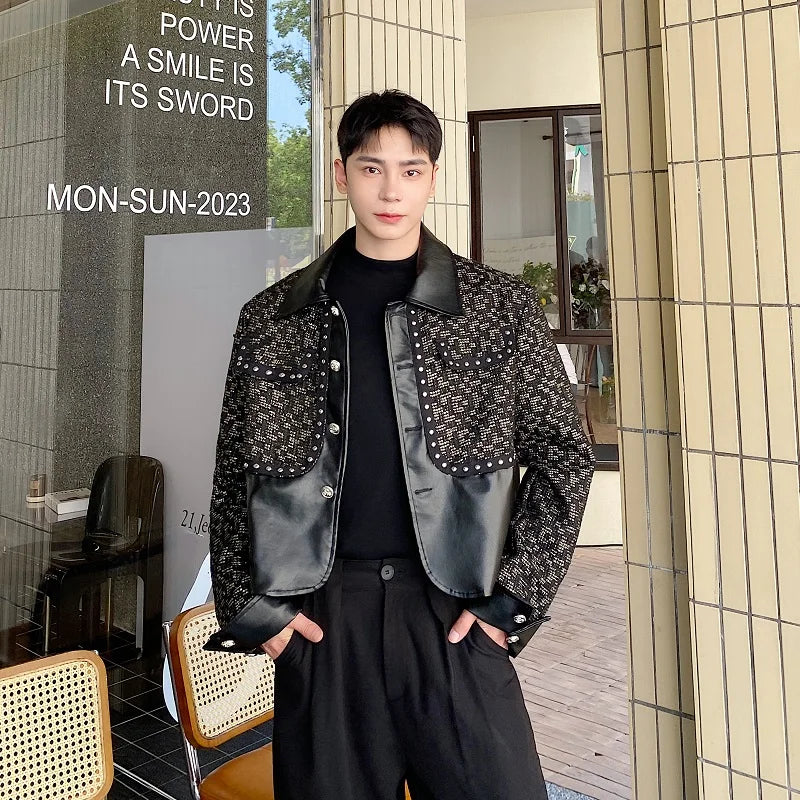 Black PU Patchwork Design Casual Jacket