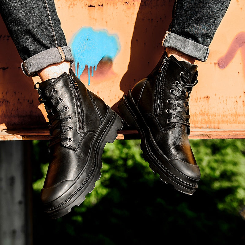 Retro Genuine Leather Warm Zip Basic Style Men Boots