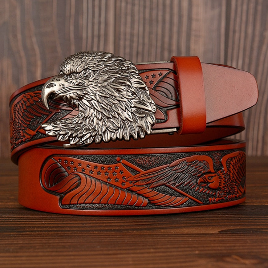 Intricate Eagle Pattern and Buckle Leather Belt