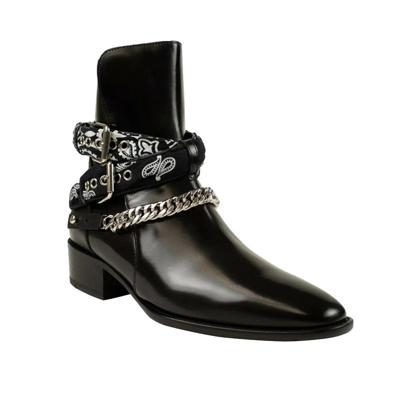 Chain Buckle Strap Pointed Toe Leather Boots