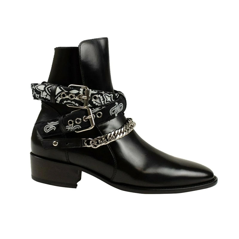 Chain Buckle Strap Pointed Toe Leather Boots