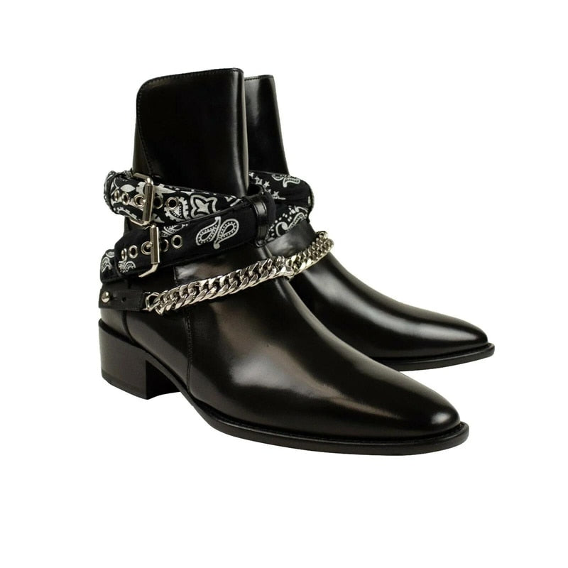 Chain Buckle Strap Pointed Toe Leather Boots