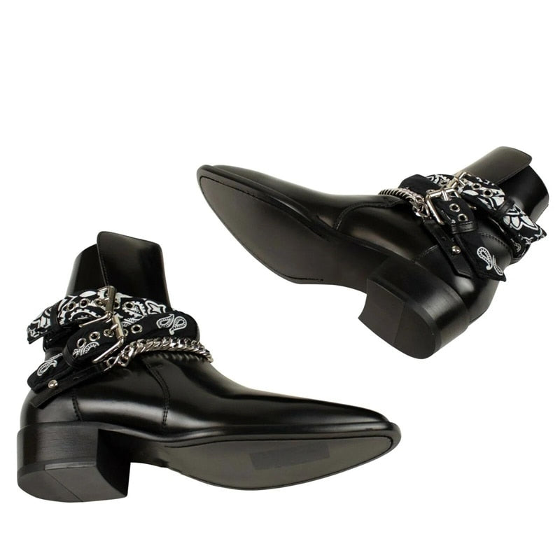 Chain Buckle Strap Pointed Toe Leather Boots