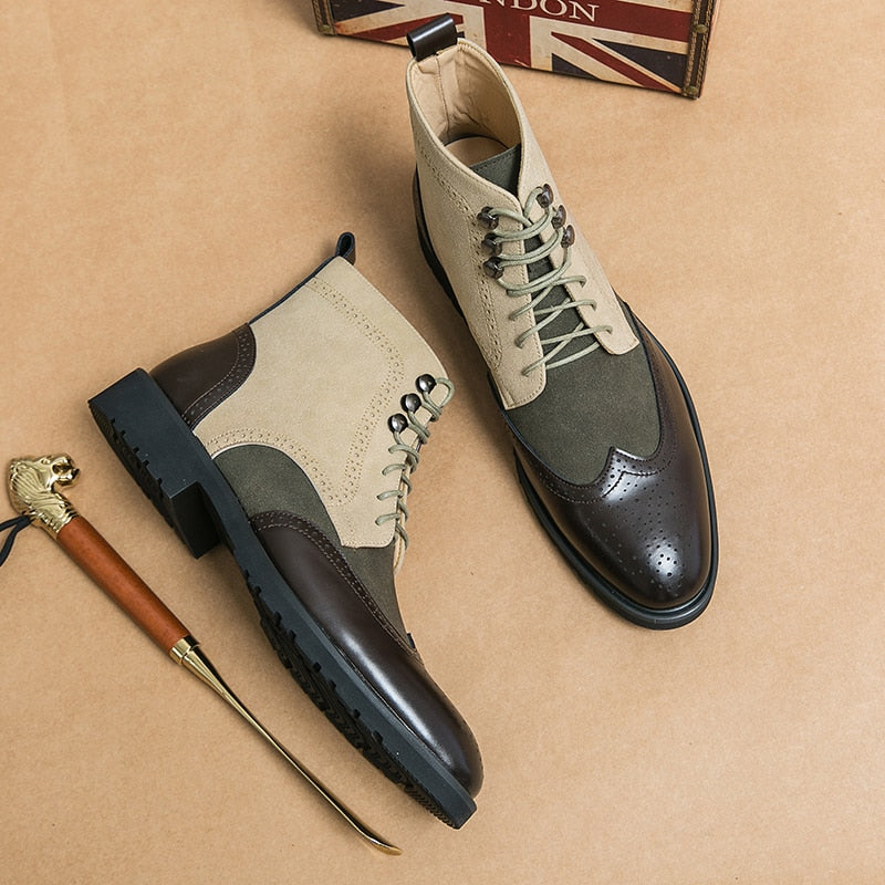 Beige Mixed Colors Square Toe Boots