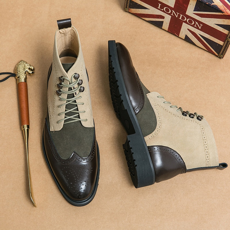 Beige Mixed Colors Square Toe Boots