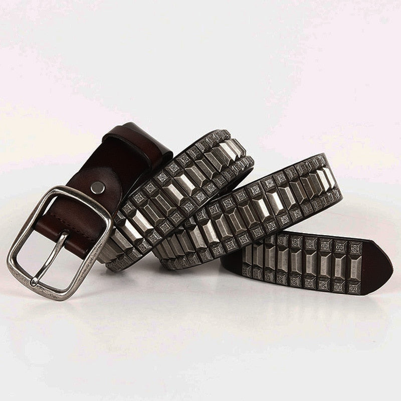 Geometric Metal Studded Genuine Leather Belt