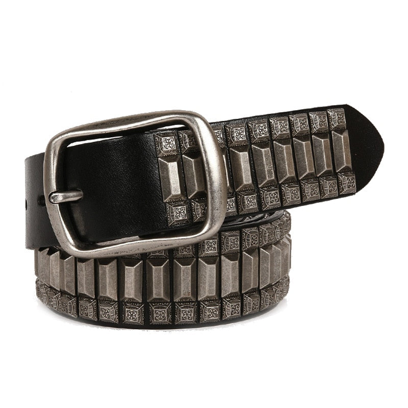 Geometric Metal Studded Genuine Leather Belt