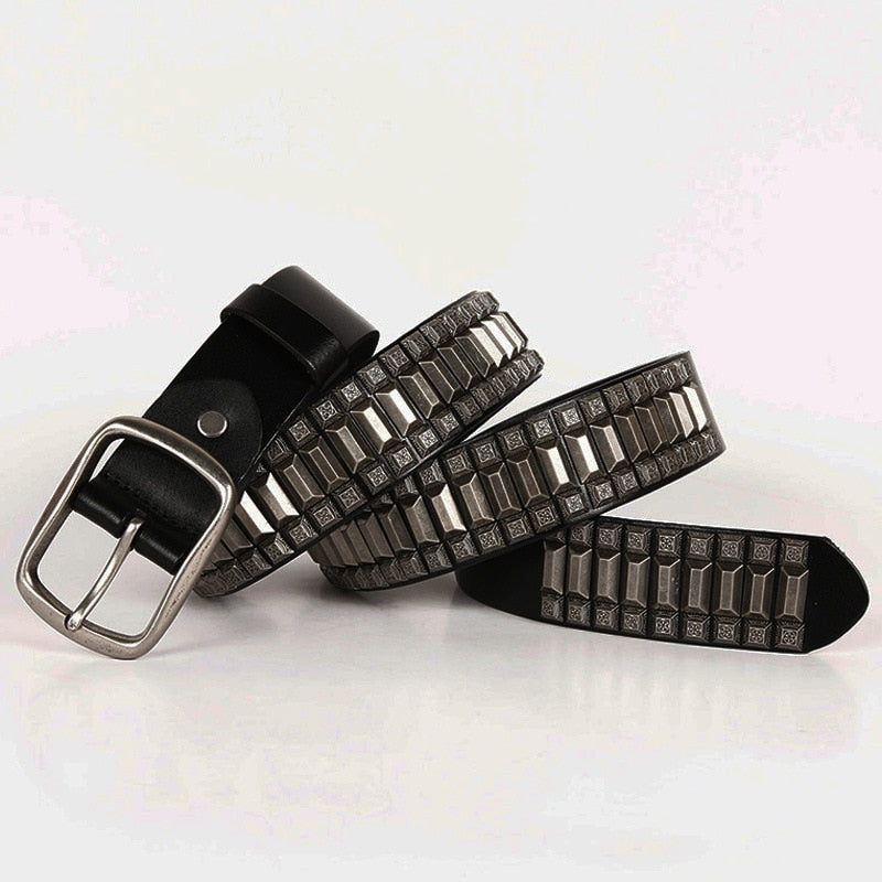 Geometric Metal Studded Genuine Leather Belt