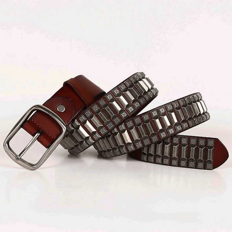 Geometric Metal Studded Genuine Leather Belt