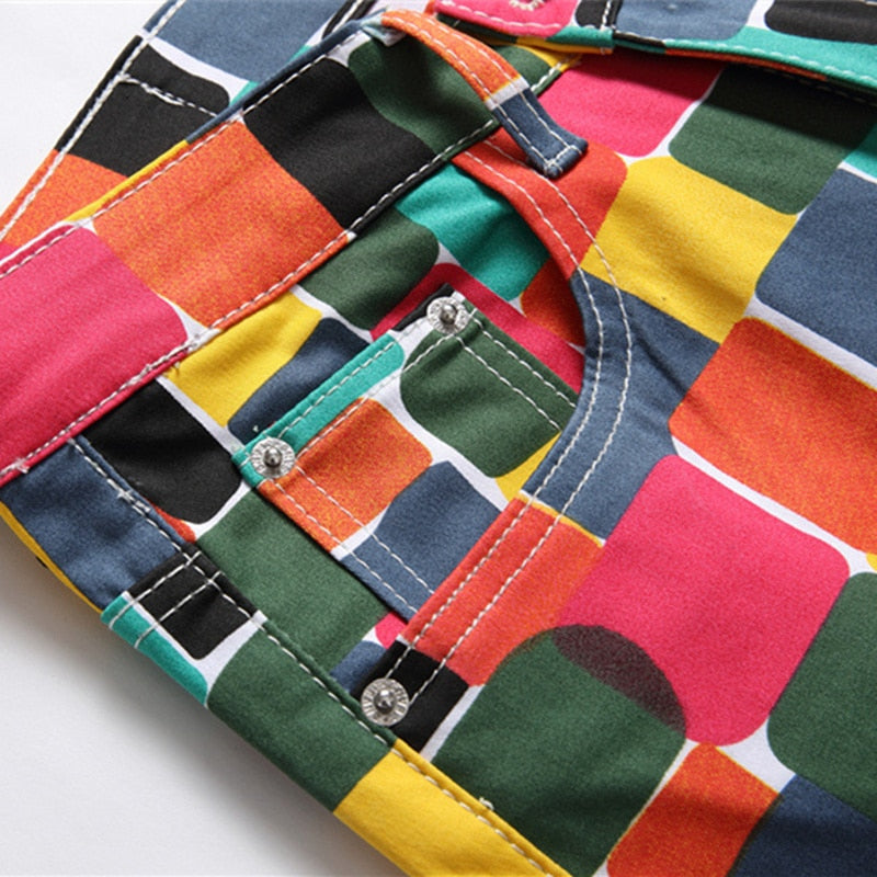 Color Plaid Slim Jeans