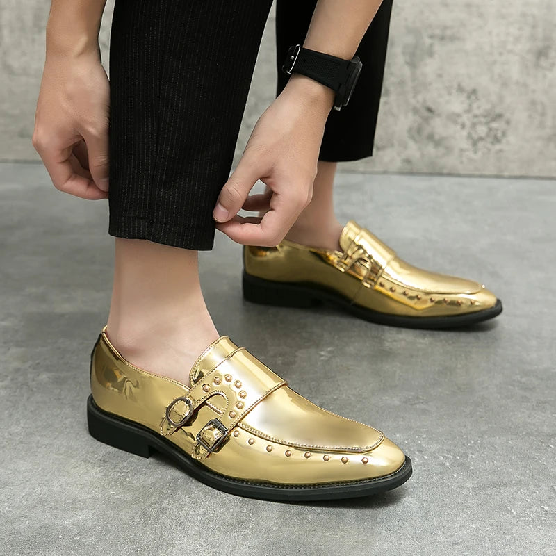 Shiny Color Rivet Leather Monk Shoes