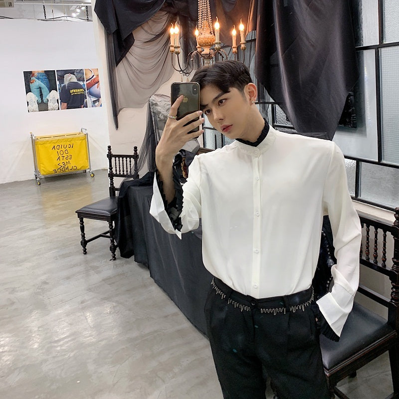 Gothic Black and White with Ruffle Lining Detail Men Shirts