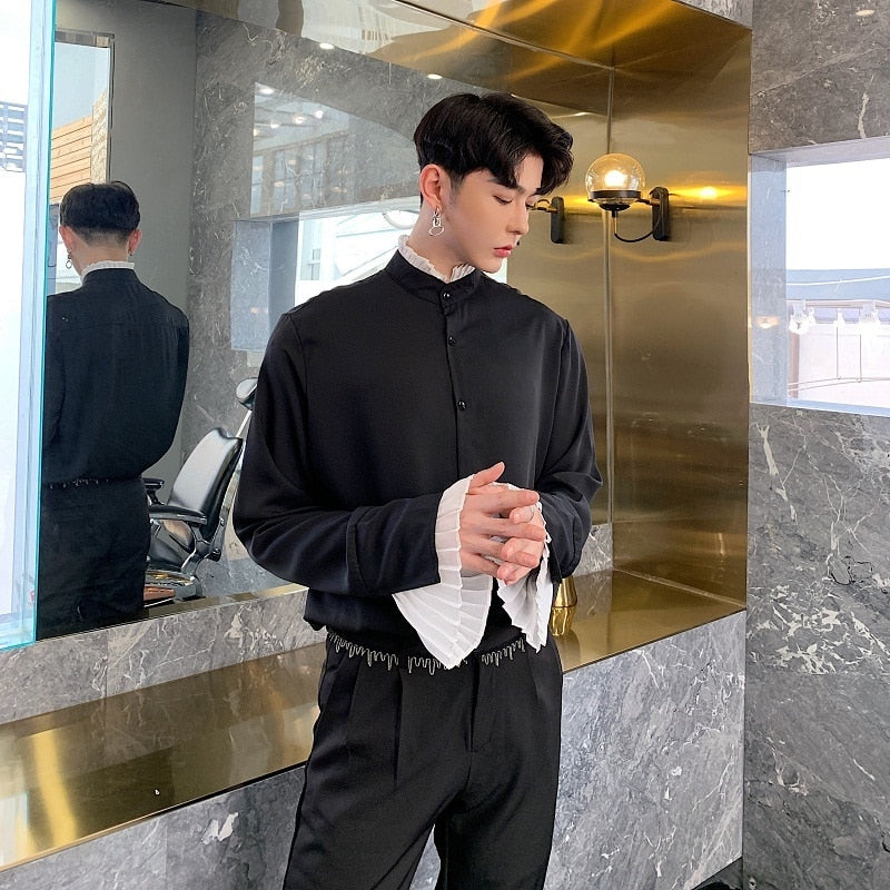 Gothic Black and White with Ruffle Lining Detail Men Shirts