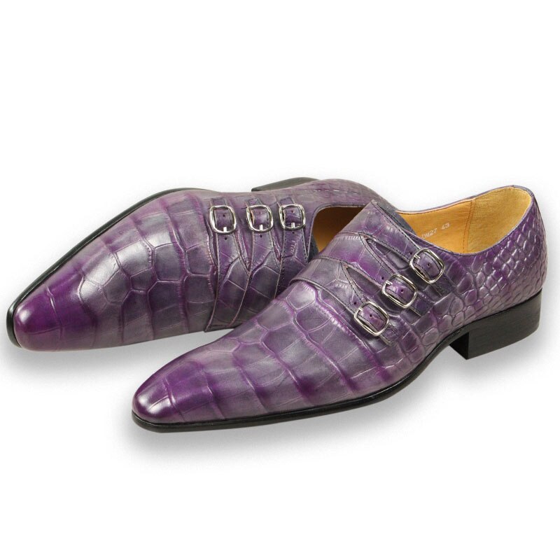 Purple Crocodile Skin Buckle Brogue Shoes