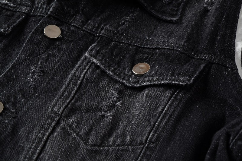 Black Patched Shoulder Simple Distressed Style Men Denim Jacket - FanFreakz