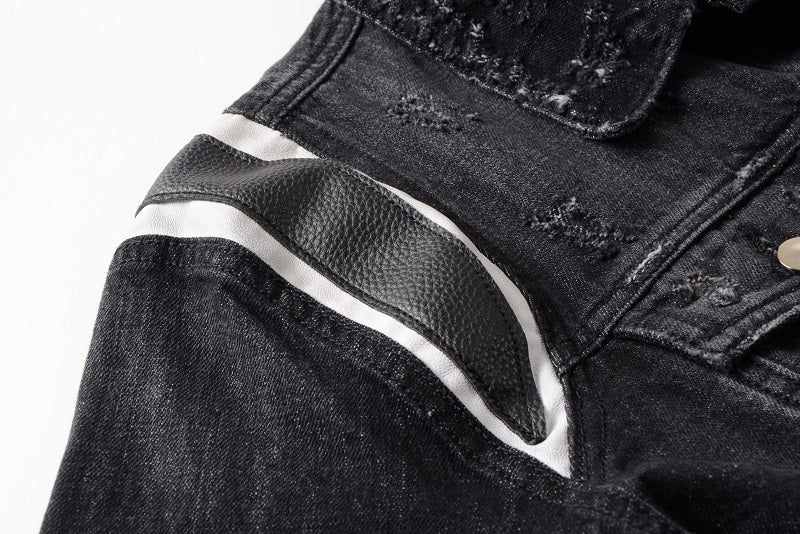 Black Patched Shoulder Simple Distressed Style Men Denim Jacket - FanFreakz