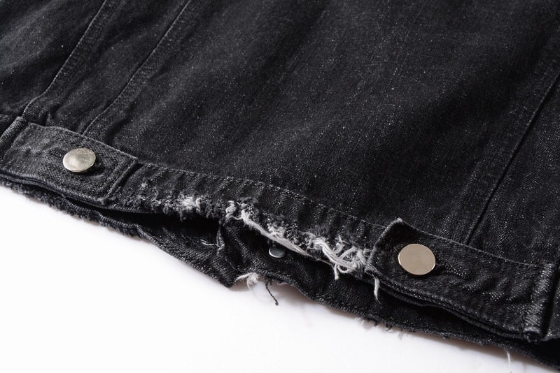 Black Patched Shoulder Simple Distressed Style Men Denim Jacket - FanFreakz