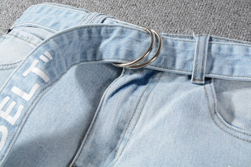 Distressed Washed Blue with Long Belt Style Men Jeans