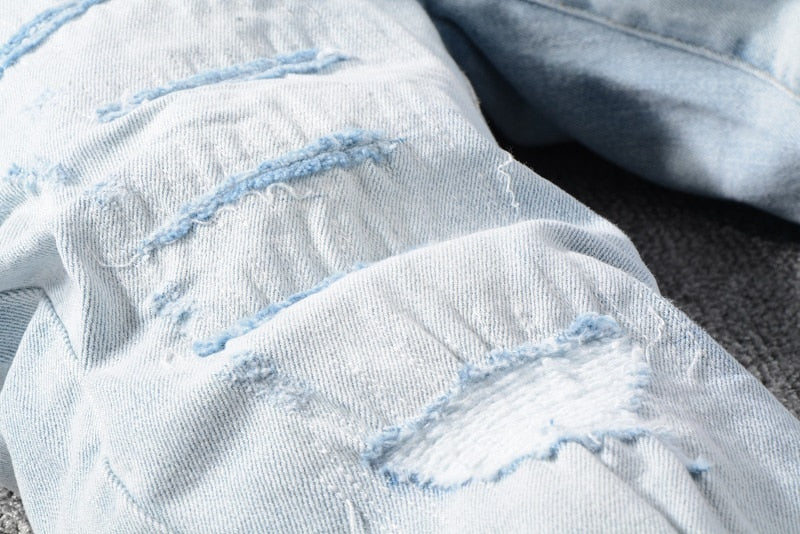 Distressed Washed Blue with Long Belt Style Men Jeans