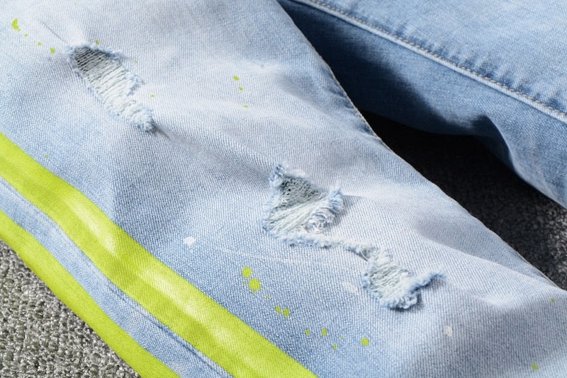Green Side Stripes One Hollow Out Style Men Jeans