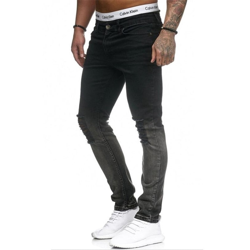 Ripped Knee Skinny Slim Black Grey Casual Men Jeans