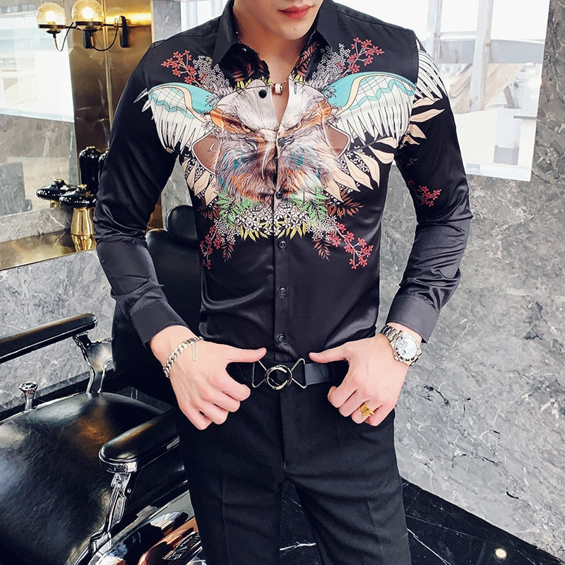 Flying Eagle Printing Slim Fit Style Men Long Sleeves Shirt