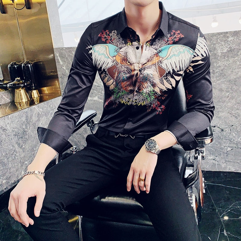 Flying Eagle Printing Slim Fit Style Men Long Sleeves Shirt