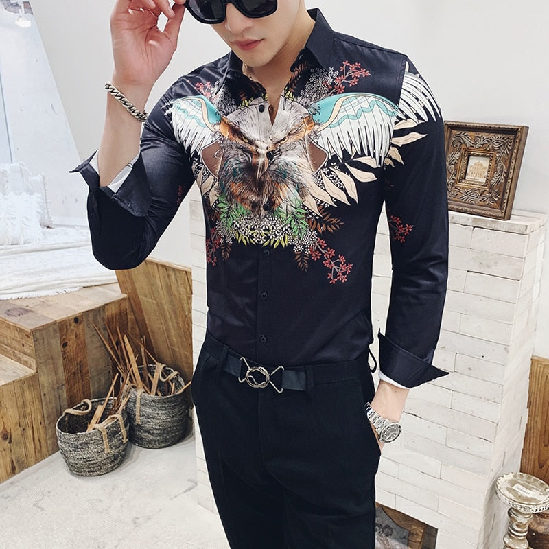 Flying Eagle Printing Slim Fit Style Men Long Sleeves Shirt