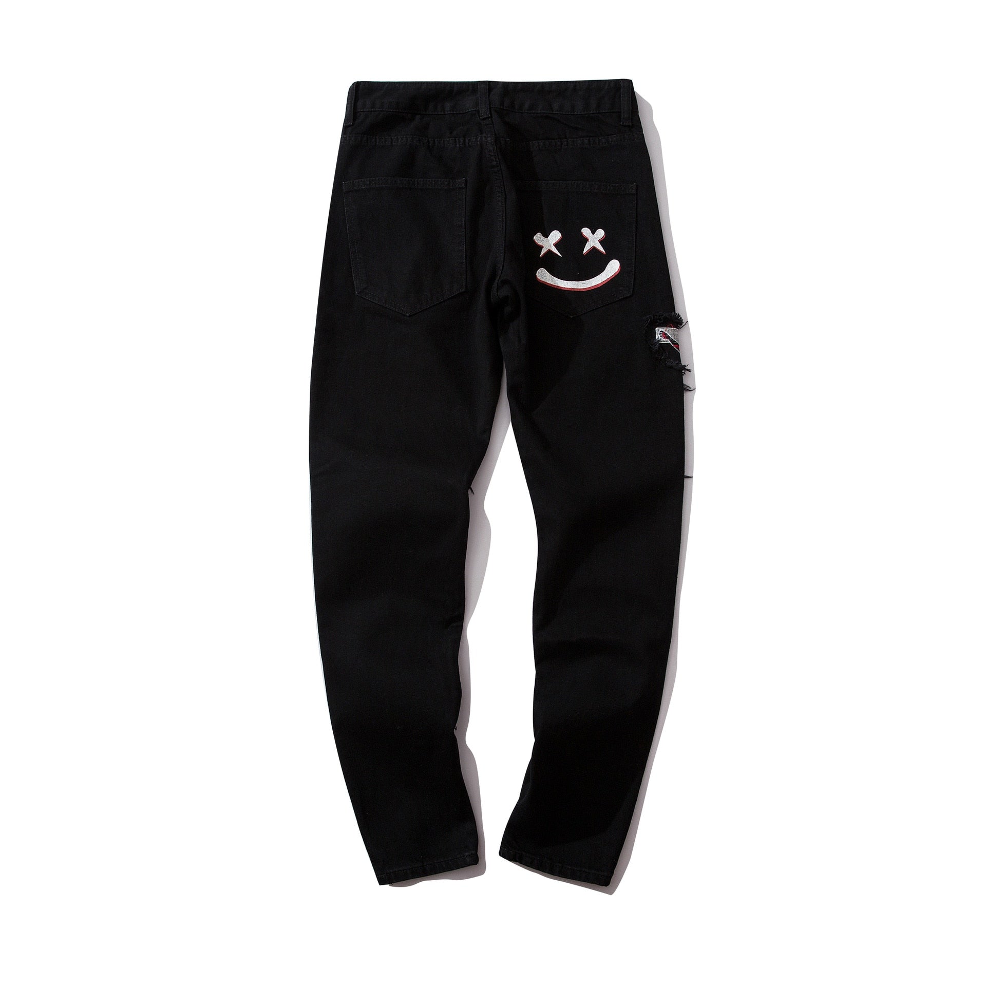 Black Destroyed Ripped with Graffiti Print Streetwear Men Jeans