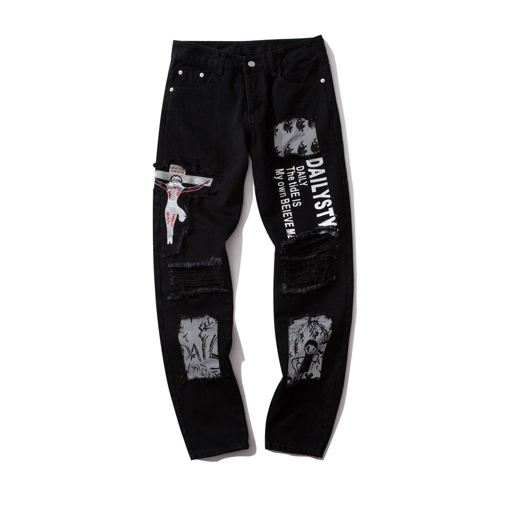 Black Destroyed Ripped with Graffiti Print Streetwear Men Jeans