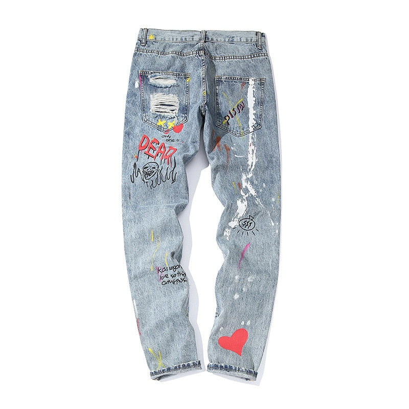 Destroyed Ripped Fire Broken Graffiti Print Men Jeans